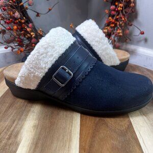 Waco Womens Nottingham Clog Sz 8W in Dark Navy Suede Uppers Faux Fur